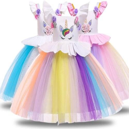 Baby Girls Princess Dress Rainbow Mesh Unicorn Wedding Party Dresses Holiday Fashion Petal Girls Pettiskirt Girl Clothes 1-5 Yrs