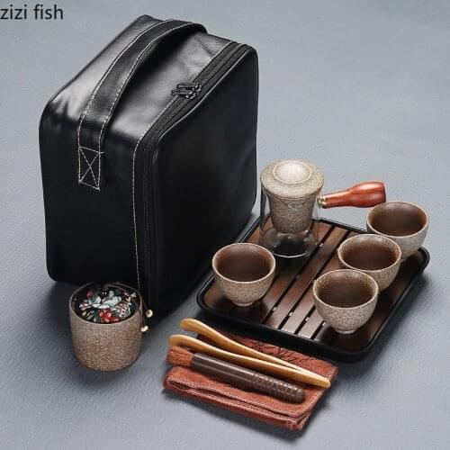Travel Tea Set Portable 4 People Kung Fu Tea Set Ceramics Glass Filter Teapot Household Travel Tea Set Tea Set with Modern