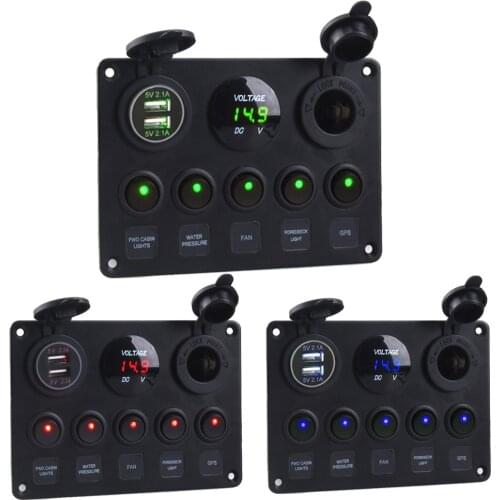 For Car Marine Ship LED Toggle Rocker Switch Panel Digital Voltmeter Dual USB Port 12V Outlet Combination Waterproof