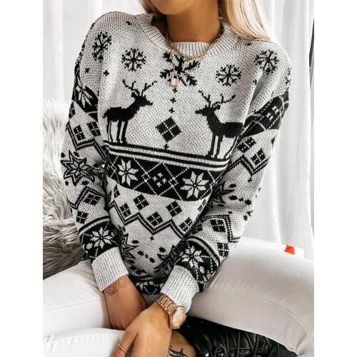 Women Christmas Sweater Snowflake and Elk Pattern Round Collar Long Sleeve Knitted Pullover Tops Female Autumn Winter Clothing