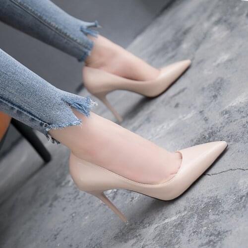 Womens Shoes Korean Shallow Mouth Patent Leather Single Shoes Sexy Thin Heels Nude Color High Heels Simple Elegant Party Pumps