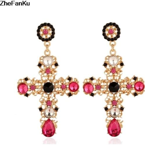 Vintage Boho Crystal Cross Drop Earrings Women Baroque Bohemian Large Long Earrings Jewelry Valentines Day Gift