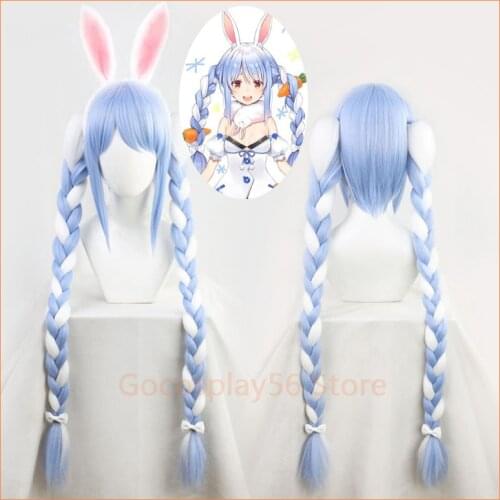 VTuber Usada Pekora Wig Braids Ponytails Hololive Fantasy Bunny Girl Ears Cosplay Blue White Synthetic Long Braided Hair