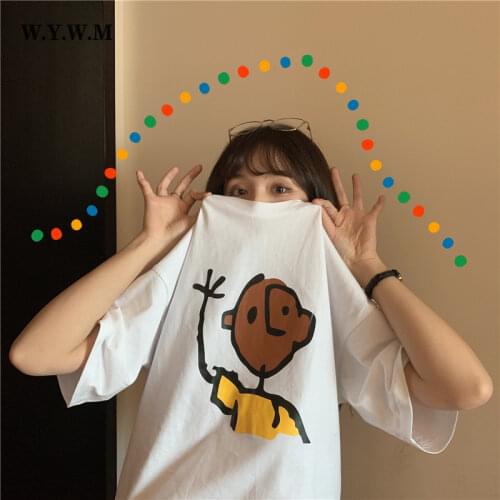 WYWM Summer Funny Cartoon Printed Tshirts Women Harajuku Kawaii Hand-painted Character Graphic Tees Oversized Casual Female Tops