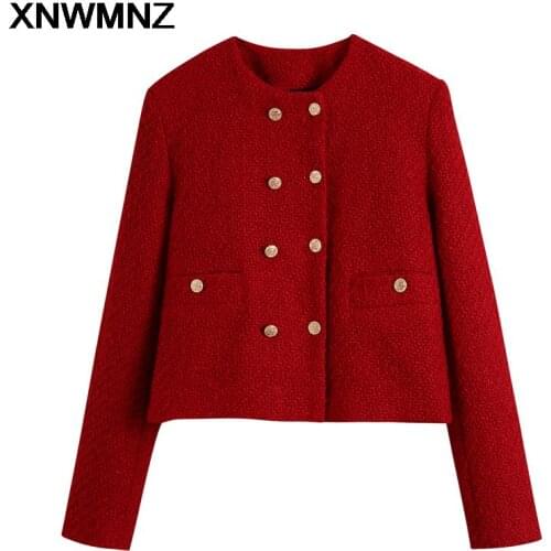 XNWMNZ Women 2021 Fashion Double Breasted Tweed Cropped Jacket Coat Vintage O Neck Long Sleeve Female Outerwear Chic Tops