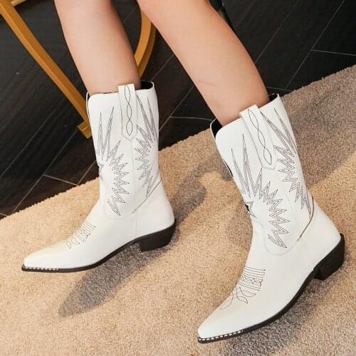 Autumn Winter Fashion Color Matching Comfortable Mid Heel Womens Motorcycle Boots Winter Pointed Toe Ladies Mid Calf boots