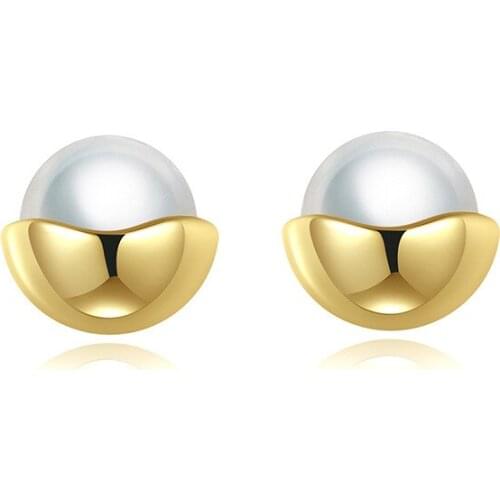 MIQIAO 925 Sterling Silver Pearl Simple Korean Fashion Style Gold Round Vintage Piercing Stud Earrings for Women Wedding Jewelry