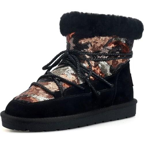Women Cow Suede Warm Ankle Snow Boots Girls Casual Winter Fashion Wool Shoes Female Outdoor Flats Booties Sequins Dacing Wear