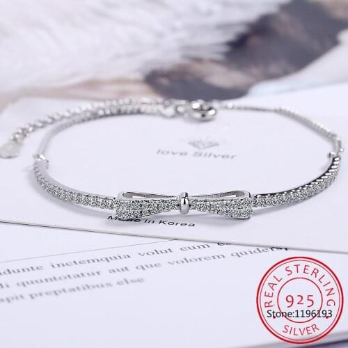 2021 New 925 Sterling Silver Adjustable Chain Tennis Crystal Bowknot Charm Bracelet &Bangle For Women Elegant Wedding Jewelry