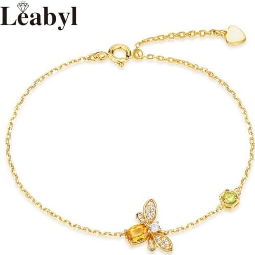 Leabyl Classic Trendy Yellow Crystal Bee Charm Gold Color Bracelet Green Peridot 100% 925 Sterling Silver Bracelet for Women