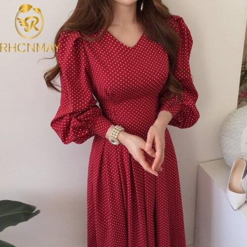 New Elegant Summer Chic Commuter Dot Red V-Neck Printing Womens Dress Korean Clothing Vintage One Piece Bandage Dress Femme