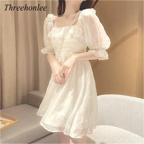 High Quality Women Korean Summer Dress White Puff Sleeve Fairy Dress Lace Chiffon Japan Style Kawaii Elegant Vintage Dress 2021