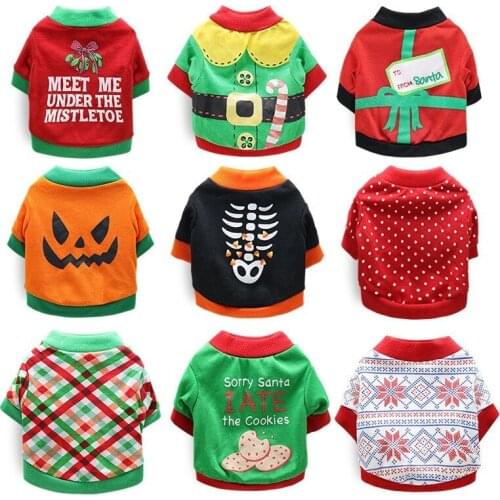 Pet Supplies Pet Clothes Halloween Christmas Costume Cat Dog Costume Cotton Pumpkin Ghost Bone Pattern Dress Round Neck Design