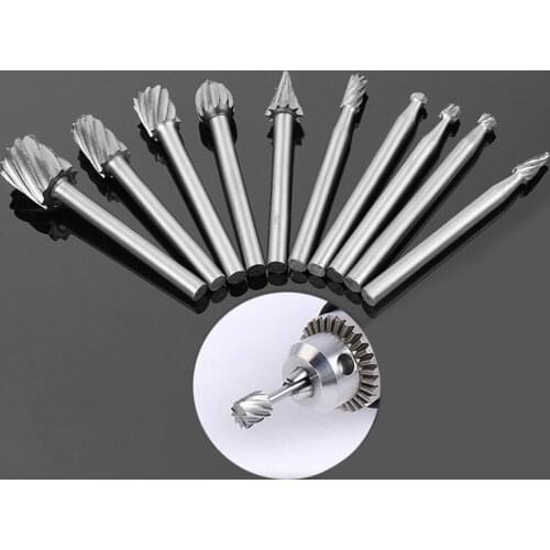 10pcs/Sets HSS Rotating Burr Wood Carving File Bit Rotary File Woodworking Milling Cutter Engraving Electric Grinding Cut Tools