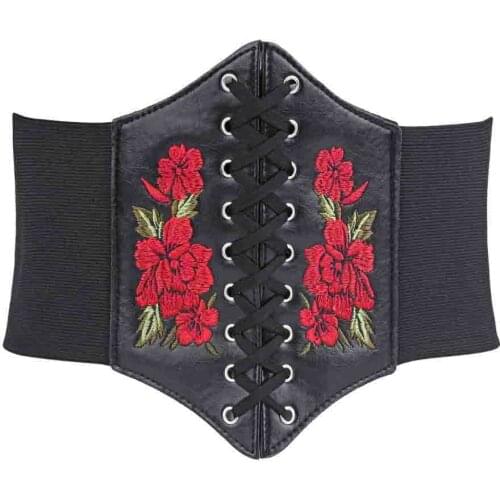 2021 Corsets and Bustiers Gothic Embroidery Floral Flower Lace-up Underbust Corset Elastic Cinch Waist Belt Black