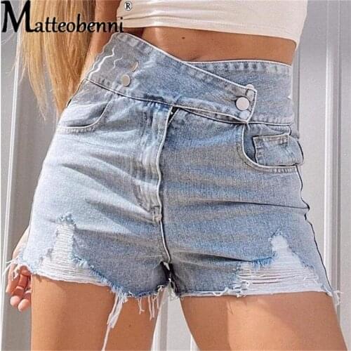 2021 Summer Casual Bilateral Button Pants High Waist Womens Tassel Washed Denim Shorts Ladies Fashion Ripped Street Jean Shorts