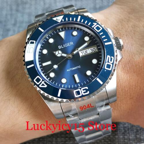 BLIGER Sunburst Blue Japan NH36A Automatic Men Watch Middle Brushed Bracelet Ceramic Insert Luminous Index Glide Lock