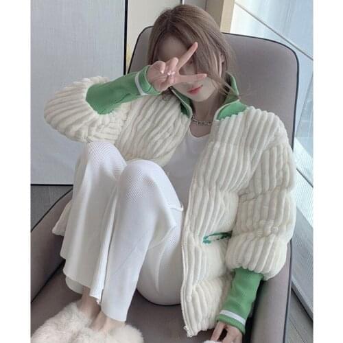 Corduroy Down Cotton Jacket Womens Short Embroidery Contrast Color Women Cotton Jacket Fashion Stand Collar Female Parka