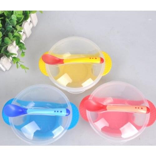 3pcs Baby Feeding Bowl Baby Dishes With Suction Cup Kids Safety Temperature Sensing Spoon Bowl + Lid + Spoon