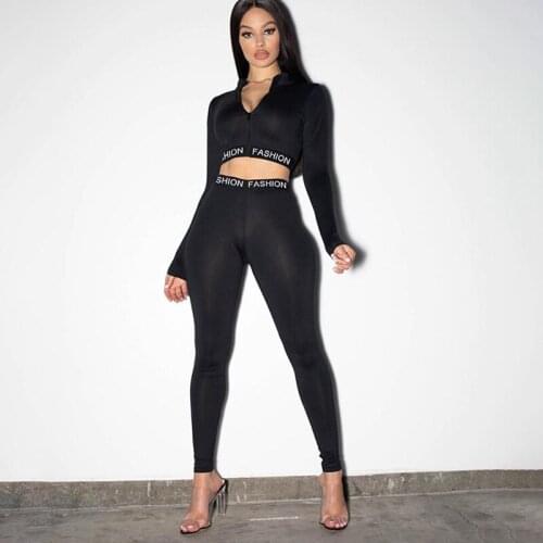 2021 Tops Letter Print Sporty Workout Active Wear Casual Matching Sets Women Skinny Bodycon Tracksuit Zipper Top And Pants Set