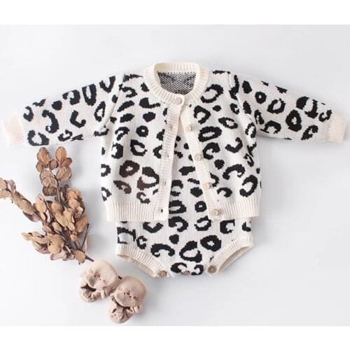 Baby Girl Fashion Suit Clothes Cotton Knit Set Baby Leopard coat + Romper Suit Spring Autumn Infant Clothing Baby Winter Outfit