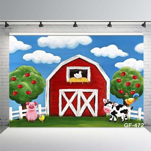 Cartoon Farm Theme Backdrop for Photography Kids Birthday Party Banner Photocall Blue Sky White Clouse Red Barn Animals Backdrop