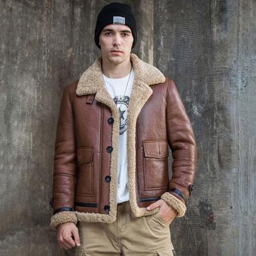 Mens B3 Shearling Coat Flight Jacket Motorcycle Leather Overcoat Short Fur Parkas Warm Winter Outerwear