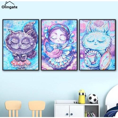 Cute Cat Rabbit Flamingo Girl Cartoon Nordic Posters and Prints Wall Art Canvas Painting Wall Pictures for Kids Room Home Decor