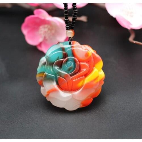 Rose Flower Natural Color Jade Pendant Necklace Chinese Hand-Carved Charm Jewelry Fashion Accessories Amulet for Men Women Gifts