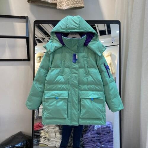 Middle Length Down Jacket Women Parka Winter 2021 Thick Loose Down Coat Ladies Hooded Long Sleeve Warm Outwear Windproof Snow