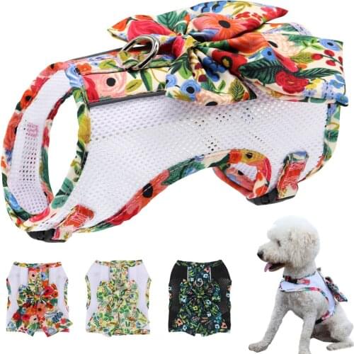 Mesh Small Dog Cat Harness Nylon Breathable Flower Printed Vest Harness Bowknot Harness For Small Medium Dogs Chihuahua