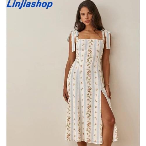 Chic Pink Floral Print Summer Midi Dress A-line Retro Spaghetti Straps Vestidos Vintage Elastic Chiffon Long Dress