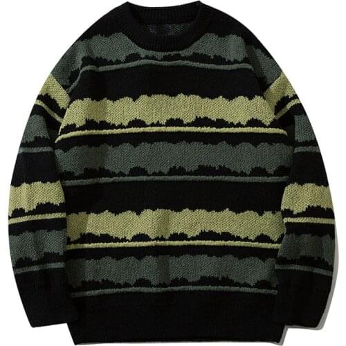 Harajuku Vintage Knitted Sweater Men Striped O-Neck Loose Knitwear Pullover Women Casual Oversized Pullover Streetwear Autumn