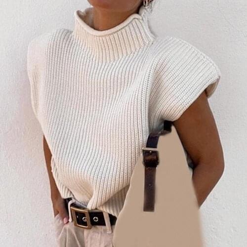 Turtleneck Sleeveless Vest Sweater Women 2020 With Shoulder Pads Knitted Pullover Autumn Winter Jumper Casual Tops Fashion