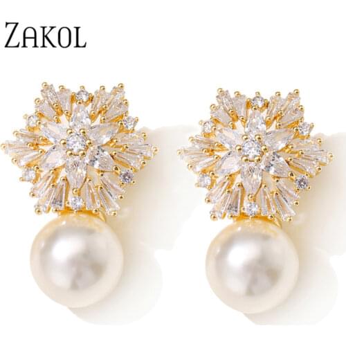 ZAKOL Newest Snowflake Flowers AAA Cubic Zirconia Pearl Drop Earrings for Women Fashion Jewelry Christmas Birthday Gifts EP2917