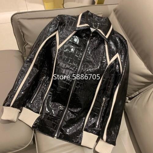 Luxury designer Crocodile pattern real patent leather jackets 2021 women zipper patchwork moto biker genuine leather coat S425
