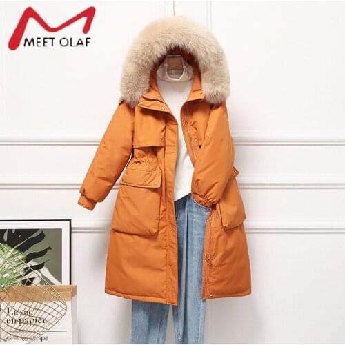 New Winter Jacket Women Large Natural Fox Fur White Duck Down Coat Long Thick Warm Parkas Sash Tie Up Zipper Down Snow Outerwear