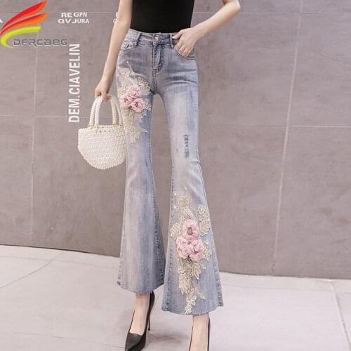 Women Denim Pants Embroidery High Waist Flare Jeans Woman 2020 Spring Summer Ladies Retro Pants Light Blue Womens Jean Trousers