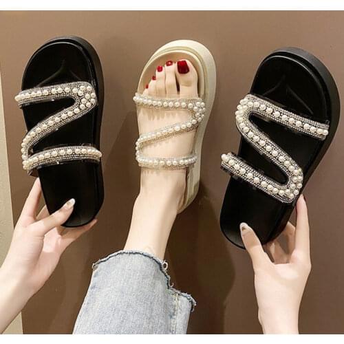2021 new Thick Bottom Women Slippers Pearl Platform Open Toe Summer Beach Shoes Transparent PVC Ladies Shoes size 35-40