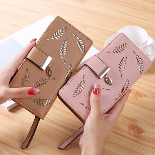 PU Women Leather Female Long Wallet Gold Hollow Leaves Pouch Handbag For Coin Purse Card Holders Clutch