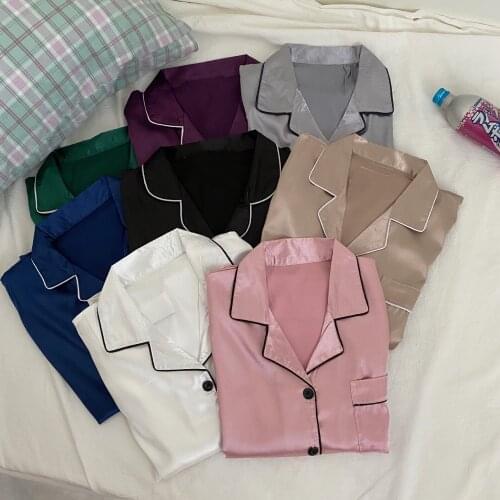 Women Faux Silk Pajama Sets Satin Pyjama Sleepwear Long Sleeve Solid Color Fashion Pajamas For Girls Nightwear Suit