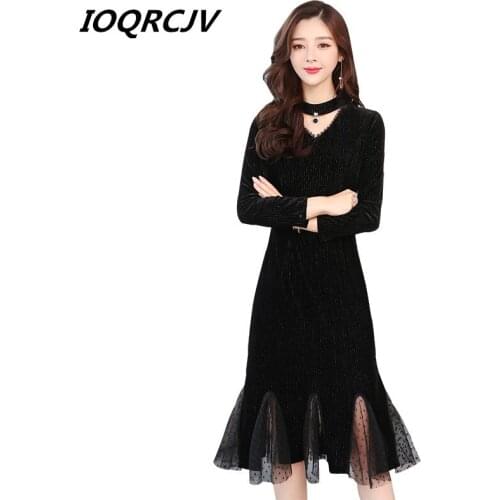 Autumn Gold Velvet Dress Womens 2019 New Fishtail Bottoming Dress Lace Sexy Vintage Female Dress Slim Elegant Clothing L241