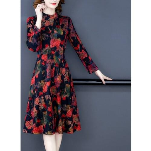 2021 Red Floral Long Knitting Cotton Dresses Autumn Winter Korean Vintage Bodycon Midi Dress Women Elegant Casual Party Vestidos