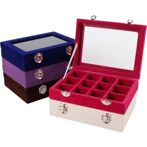 12 Grid Velvet With Glass Jewelry Box Organizer For Packaging Ring Earrings Necklaces Makeup Jewellery Storage Display Showcase