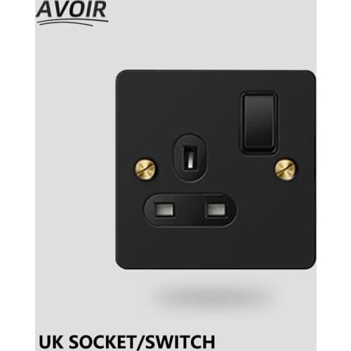 Avoir Wall Electrical Sockets UK Plugs Double Socket With Switch Black Stainless Steel Panel Power Outlet 110V 220V For Home