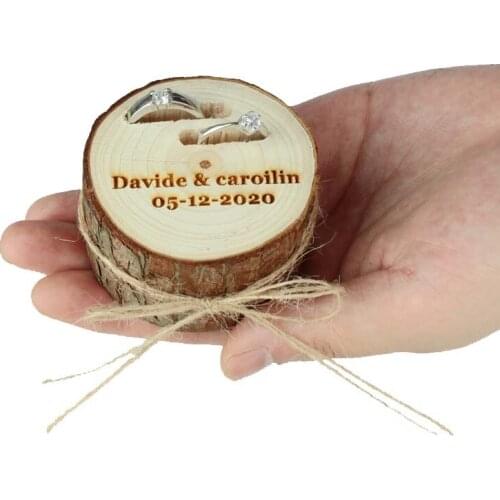 Personalized wedding engraved name date ring holder custom logo wooden ring box Bearer holder rustic wedding decoration
