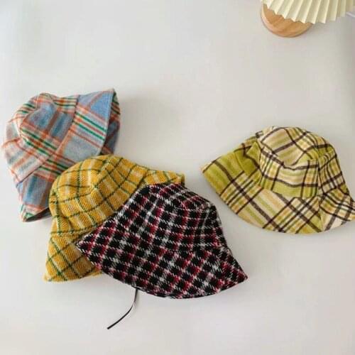 2021 British style children flat top high barrel check fisherman hat autumn and winter woolen material warm boys and girls basin
