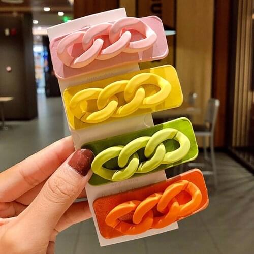 New Big Chain Hair Clip Barrettes Cute Bright Candy Color Hairpin Rectangular Leather For Female Hair Accessories Bang Side Clip