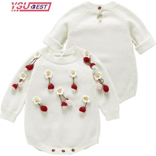 2021 Newborn Baby Girls Knitted Romper Embroidery Baby Clothes Cotton Woolen Baby Rompers Strawberry Infant Baby Boys Jumpsuit