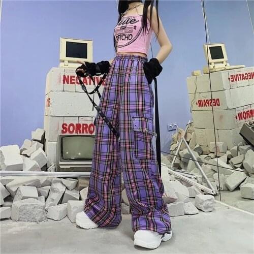 Purple Plaid Cargo Pants Streetwear Women Harajuku Hip Hop Fashion Wide Leg Trousers Hippie Gothic Baggy Pantalones Mujer 2021
